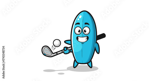 Cartoon Surfboard Character Playing Golf with a Club and Ball with Smiling Face