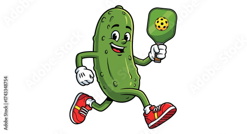 Animated pickle character enthusiastically playing pickleball with paddle and ball graphic