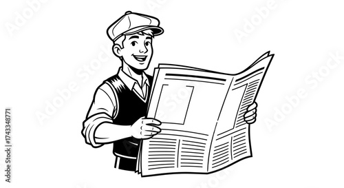 Vintage illustration of a smiling newsboy reading a newspaper with daily news articles