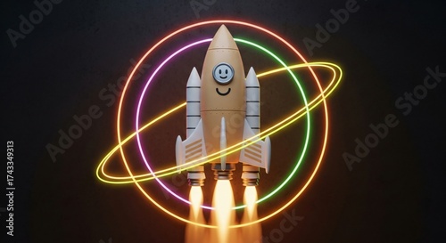 Happy rocket launching with neon rings is perfect for tech startups