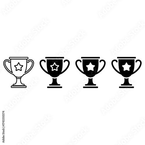 Four trophies collection black and white icon set representing achievement and victory