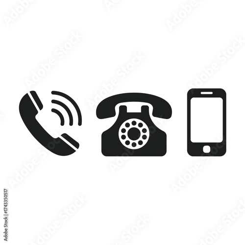 Minimalist black icons representing three eras of telecommunication technology