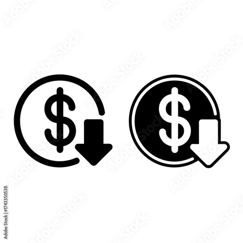 Minimalist dollar sign icon with downward arrow representing cost reduction and financial decrease