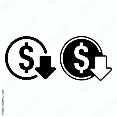 Minimalist dollar coin icons with downward arrows showing price drop or cost reduction