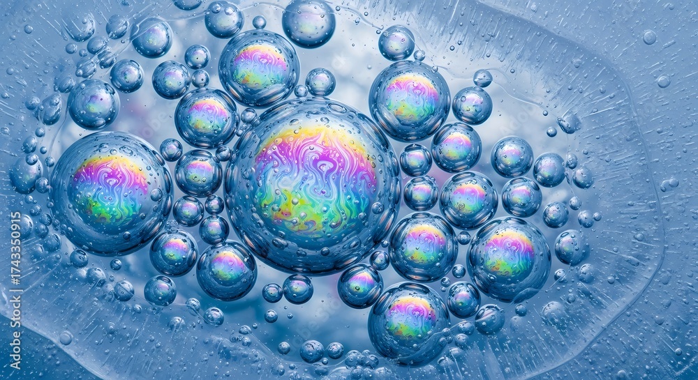 Fototapeta premium Stunning iridescent bubbles floating in icy blue liquid for a vibrant and mesmerizing effect, perfect for abstract backgrounds and creative designs