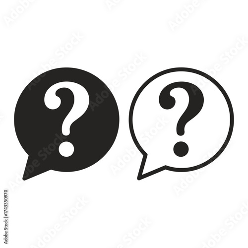 Simple black and white icon design featuring two question marks in speech bubbles