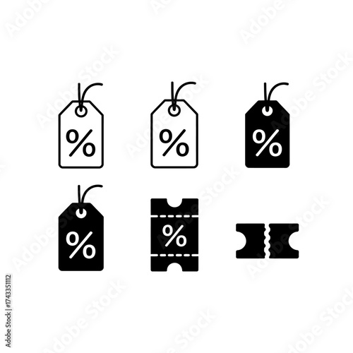 Minimalist black and white icons representing discount tags and tickets for sales and promotions