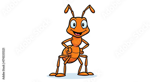 Cartoon Ant Illustration with Cheerful Expression and Dynamic Pose against White Background