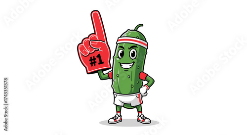 Enthusiastic pickle cartoon character supports team with foam finger and active wear sports pickle