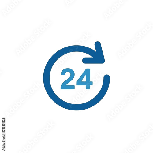 Modern minimalist icon design featuring a 24 hour service circular arrow symbol