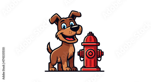Cheerful cartoon dog with a friendly expression next to a vibrant red fire hydrant illustration