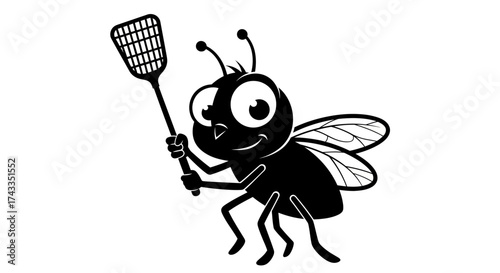 Humorous cartoon fly wielding a fly swatter in black and white illustration