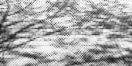 Radial halftone spotted gradient background. Dotted stains concentric texture with fading effect. Black and white circle shade wallpaper. Grunge rough vector. Monochrome geometric backdrop.