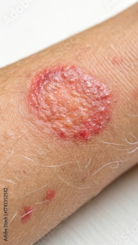 Close up view of ringworm infection on skin, showcasing the texture and color on a white background