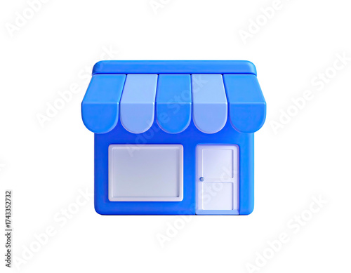 3D rendered blue storefront icon, featuring an awning, door, and window