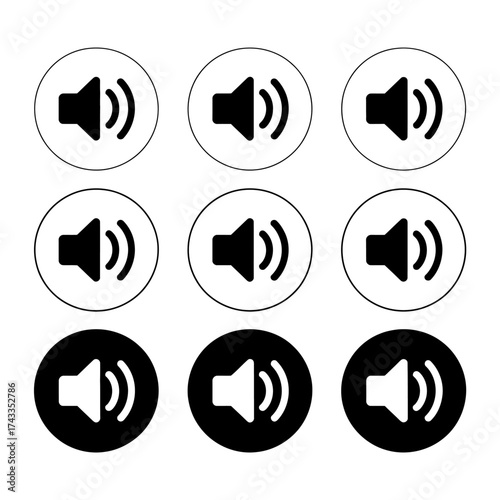Set of six black and white audio volume icons with subtle textured circles for sound control