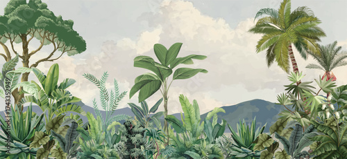 Tropical garden wall Mural Illustration, Tropical Background, Watercolor Background.