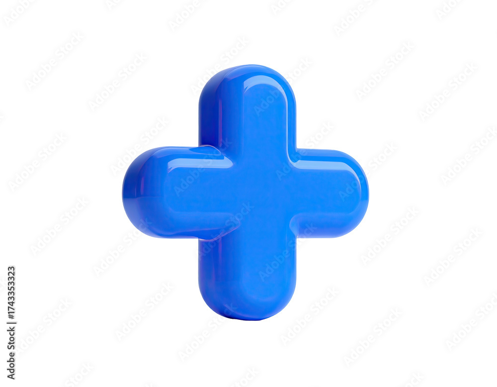 Fototapeta premium Glossy, 3D-rendered, light blue plus sign isolated on a stark black background