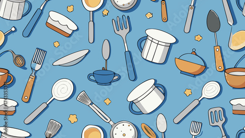 Seamless vector pattern featuring cooking and kitchen tools such as pans, spoons, knives, and hand whisks on blue background, symbolizing culinary art and home cooking