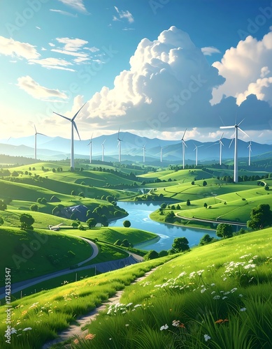 Wind turbines on rolling green hills by a river