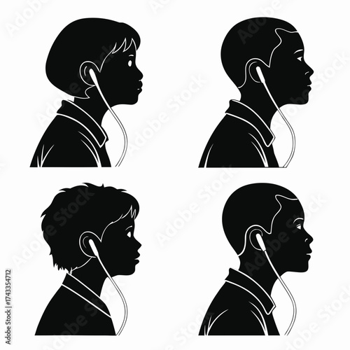 Set of men and women face with headphone. Vector illustration of diverse human profiles with wired earbuds. Set of diverse people listening to music, podcasts, or audiobooks.