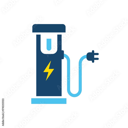 Concept of green transportation technology with an electric vehicle charger station icon. Flat style illustration of a power supply for an eco-friendly car