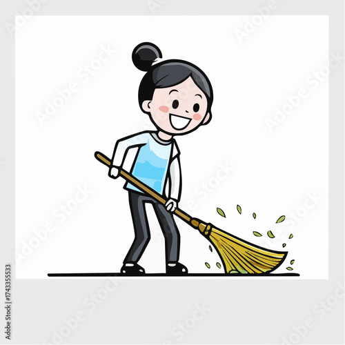 Cartoon illustration of a smiling young woman sweeping leaves with a broom on a clean white background.