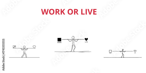 Stick figures balancing work and life choices in simple illustration , on a transparent background