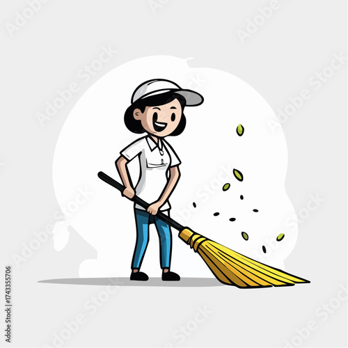 Cartoon woman in casual clothes sweeping leaves with a yellow broom on a plain background with a playful mood.