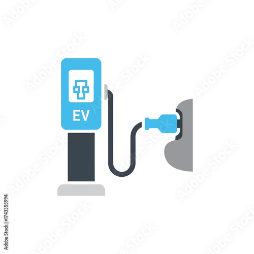 Flat vector icon of an electric vehicle charging station, representing the future of sustainable transportation and green energy