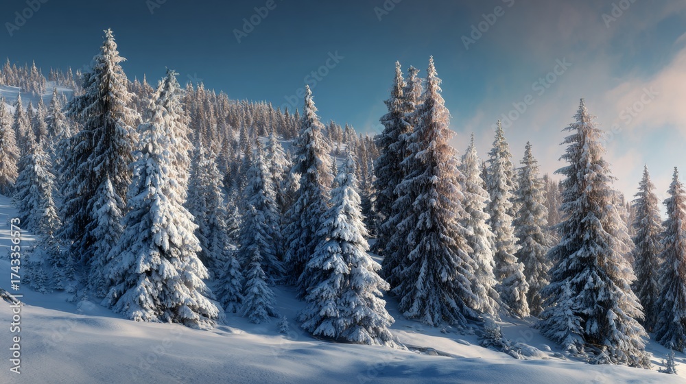 Naklejka premium Mystical winter dawn: fir trees adorned with fresh carpathian snow. Product showcase. Bright carpathian dawn: fir trees in fresh snow under first sunlight. Advertising photo.