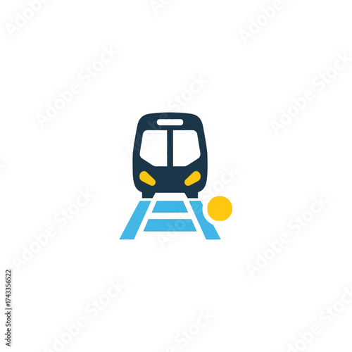 Minimalist front view of a metro train on a railway track. A simple flat icon design symbol for public transportation, subway systems, and urban travel