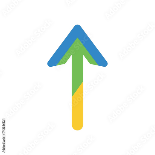 Modern graphic illustration featuring a vibrant upward-pointing arrow in blue, green, and yellow, symbolizing progress, growth, and forward momentum for design projects