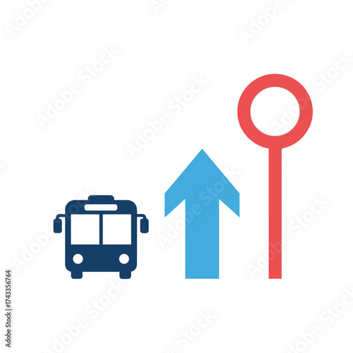 Illustrative graphic depicting a bus moving forward with a directional arrow and a circular marker on a white background, symbolizing progress and transportation