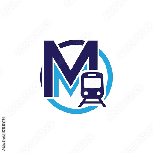 Monogram M train logo design vector. Metro railway transport symbol with the letter M inside a circle for a public transit company identity