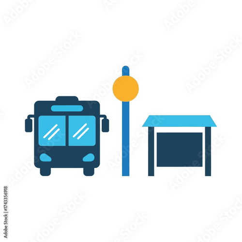 Simple graphic of a passenger bus at a stop with a shelter, symbolizing urban travel and public transit services