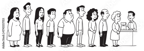 Line of people in supermarket queue vector black and white drawing.