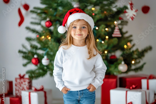 Happy little girl wearing green sweatshirt and jeans, against Christmas background. Mockup 