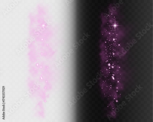 Purple magical glowing smoke trail with glittering dust, soft mist, and luminous particles on transparent background