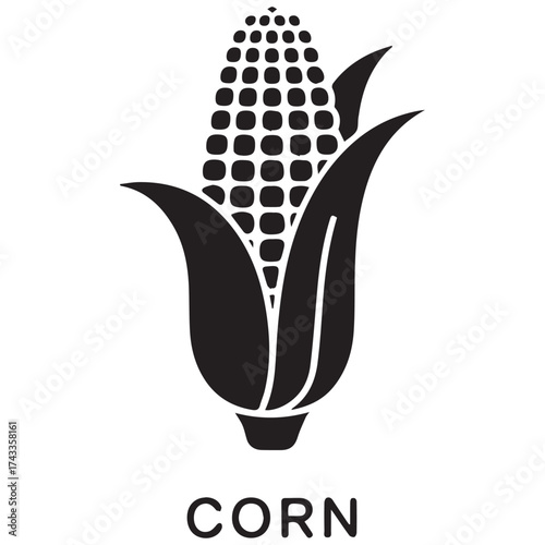 A black and white silhouette of a ripe ear of corn with husks