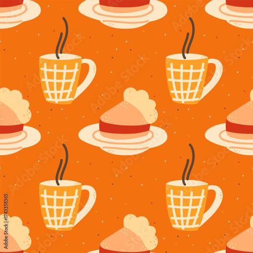 Autumn pattern. Background of home bakery, pie, coffee and tea cup. Seamless pattern for fabric, textiles, clothing, wrapping paper, cover, banner, home decor, abstract background.