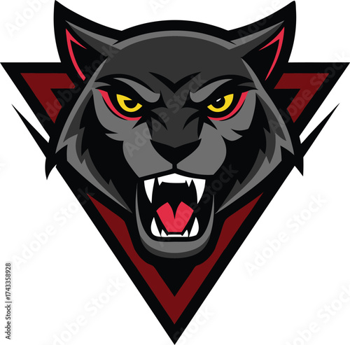 Fierce black wolf head emblem with red triangle background