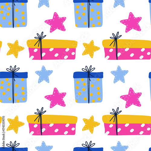 Seamless pattern with gifts and stars, festive wrapping paper design, cute holiday illustration for textile and celebration.