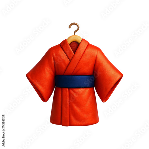 Red kimono with blue sash on a hanger isolated on transparent background