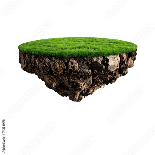 A floating chunk of earth with vibrant green grass on top and dark, textured soil below