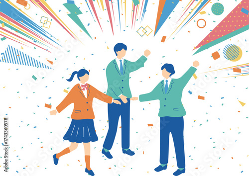 集中線と円陣を組む学生	
