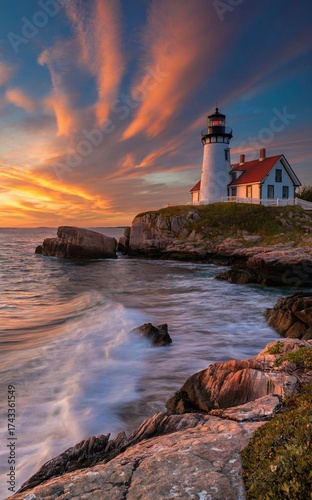 Lighthouse on a Rocky Coast at Sunset With Dramatic Clouds and Rolling Waves