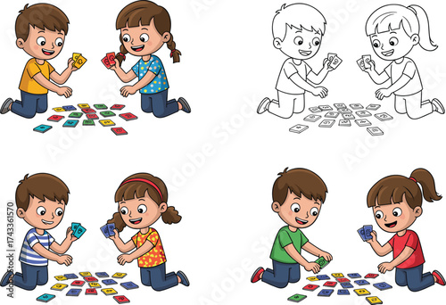 Cartoon children playing card game, colorful and outline versions, boy and girl pairs, fun learning activity, educational illustration, teamwork