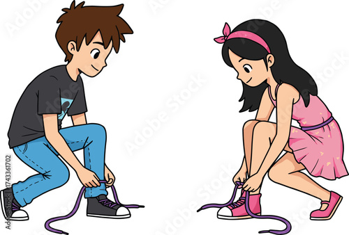 Cartoon children tying shoelaces, boy and girl characters, purple laces, self-care activity, learning moment, childhood skill, educational illustration