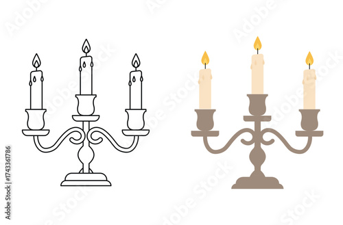 Vintage Candle Holder Vector Illustration – Classic Three Candles Candelabra with Burning Flame and Outline Version